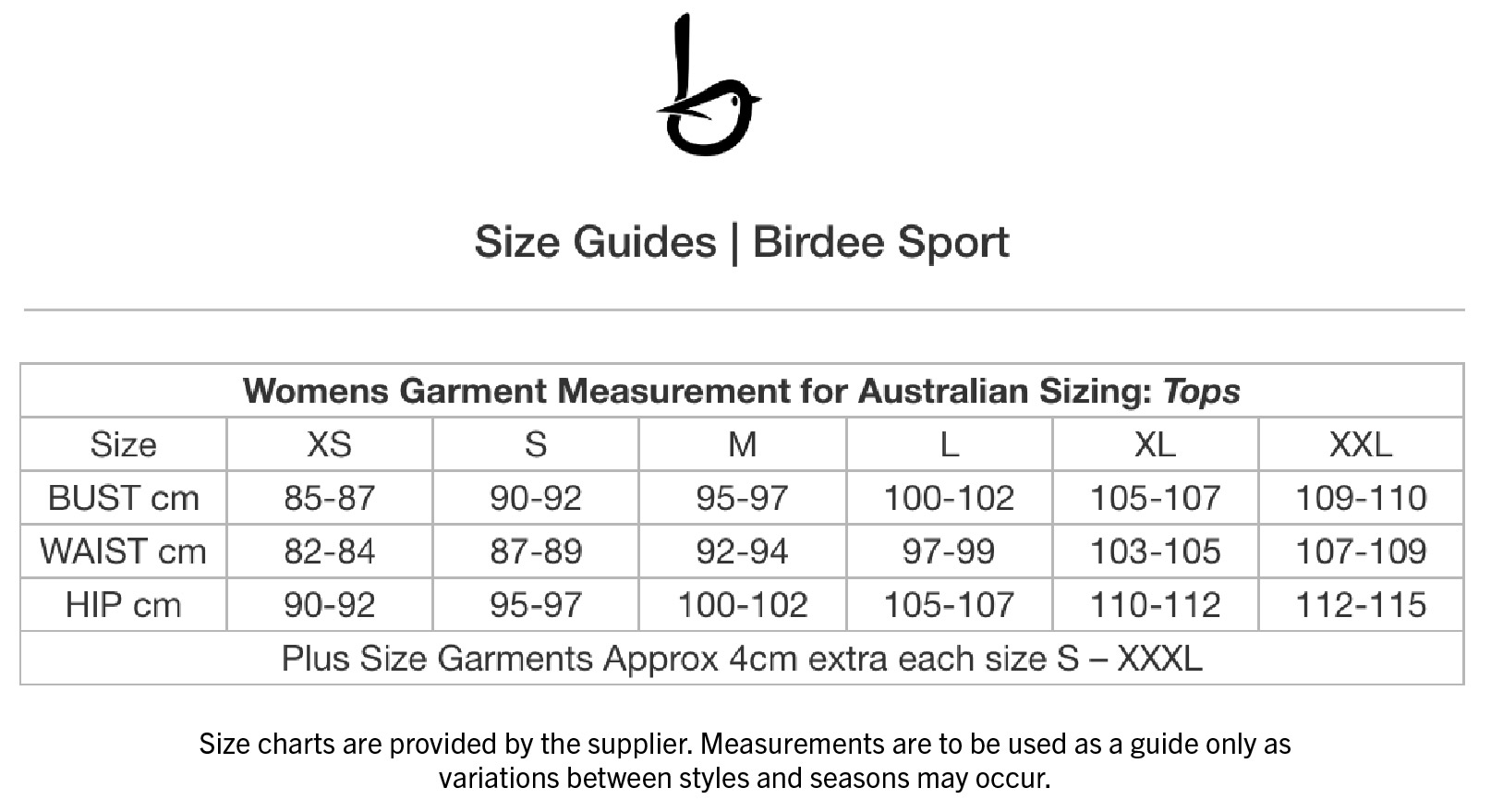 birdee sport-jumpers-womens size chart